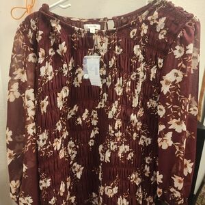 Smocked Floral Peasant Blouse - Burgundy/White
